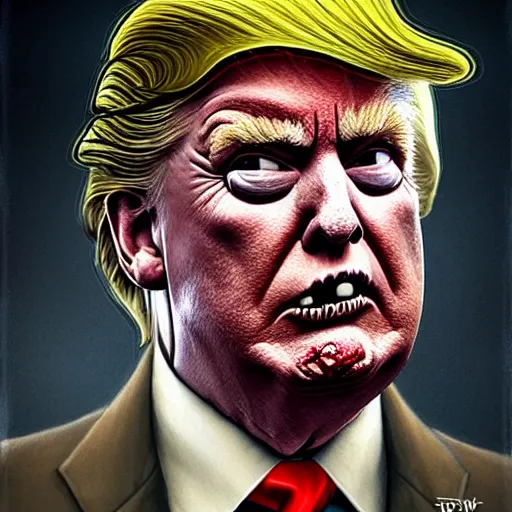 Image similar to portrait of donald trump as a zombie looking to the side, 7 days to die zombie, concept art, fine art, award winning, subtle colors, intricate, elegant, sharp focus, cinematic lighting, digital painting, 8 k concept art, art by michael hussar, art by brom, art by z. w. gu, 8 k