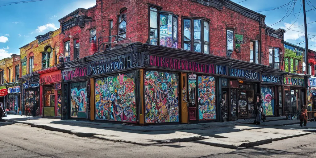 Prompt: HD photograph street view of Kensington Market in Toronto, eldritch gnostic esoteric anomalous aesthetic.