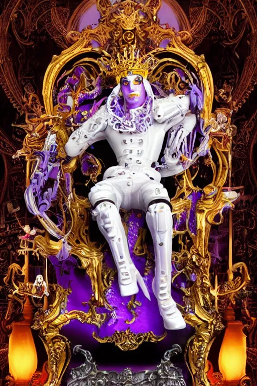 Image similar to full-body rococo and cyberpunk style violet neon statue of a young attractive Spanish male macho dotado android reclining sim roupa con piroca, glowing white face, prince crown of orange steampunk gears, diamonds, swirling silver-colored silk fabric. futuristic elements. full-length view. space robots. human skulls. throne made of bones, intricate artwork by caravaggio. Trending on artstation, octane render, cinematic lighting from the right, hyper realism, octane render, 8k, depth of field, 3D