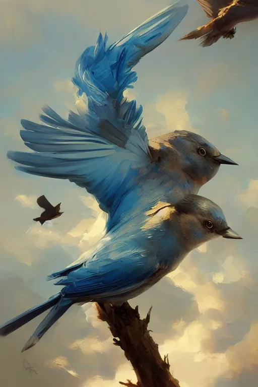 Image similar to birds flying, flock of blue birds, oil painting, sunlit, paint texture, digital painting, highly detailed, artstation, sharp focus, illustration, concept art, ruan jia, charlie bowater, tom bagshaw, norman rockwell