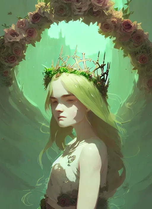 Image similar to portrait of cute fairy girl with crown of flowers covered with celtic rune tattoos, fantasy, by atey ghailan, by greg rutkowski, by greg tocchini, by james gilleard, by joe gb fenton, by kaethe butcher, dynamic lighting, gradient light green, brown, blonde cream and white color in scheme, grunge aesthetic