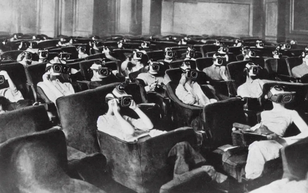 Image similar to 1 9 0 0 s photo of people using iphones ipods virtual reality headsets vr watching hd tv in a movie theater