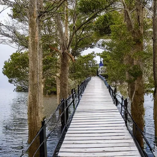 Prompt: very very tall pontoon with a narrow path leading to a lighthouse in the horizon, there is a tall tree at the beginning of the path, its rainy and the lighthouse is turned on, moody