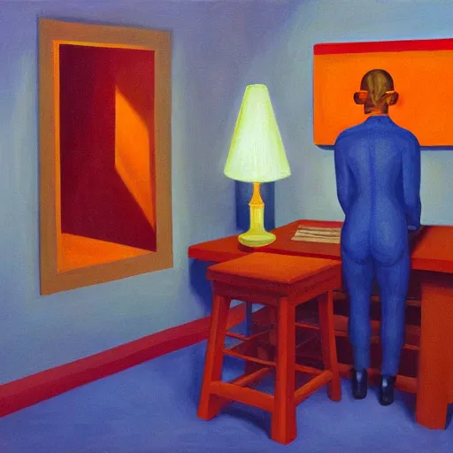 Prompt: cyclops who works at nasa, dystopian, pj crook, edward hopper, oil on canvas