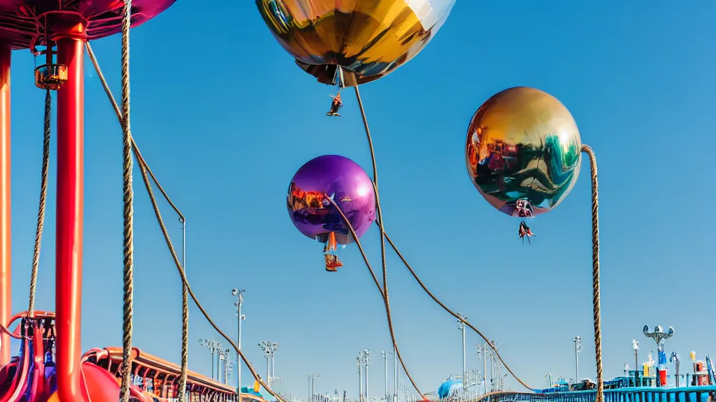 Prompt: large colorful futuristic space age metallic steampunk balloons with pipework and electrical wiring around the outside, and people on rope swings underneath, flying high over the beautiful santa monica pier city landscape, professional photography, 8 0 mm telephoto lens, realistic, detailed, photorealistic, photojournalism