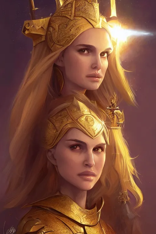 Image similar to portrait of a young natalie portman knight with blond hair wearing a golden armor with a sun symbol, fantasy, highly detailed, digital painting, artstation, concept art, illustration, art by Bayard Wu and Marc Simonetti