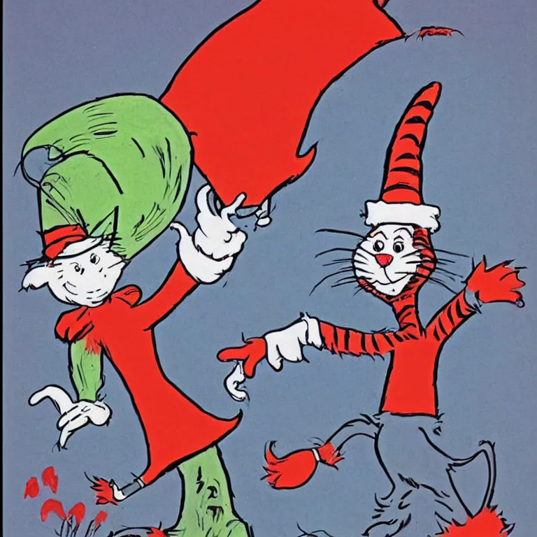 Image similar to cat in the hat terrifying nightmare, illustration by dr. seuss