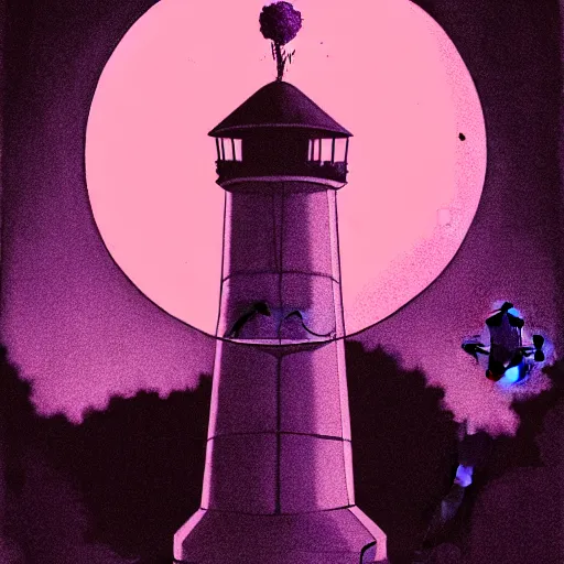 Prompt: abigail larson, don bluth, purple color pallete, welcome to night vale, radio tower with black hole above it, helicopter, spooky strange weird quirky, cartoon, 2 d, chiral lighting