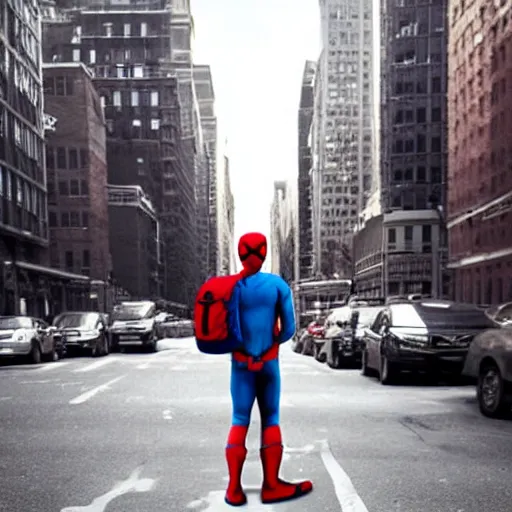 Image similar to photo of spiderman with a backpack on his way to school on the streets of new york, lonely atmosphere, cinematic