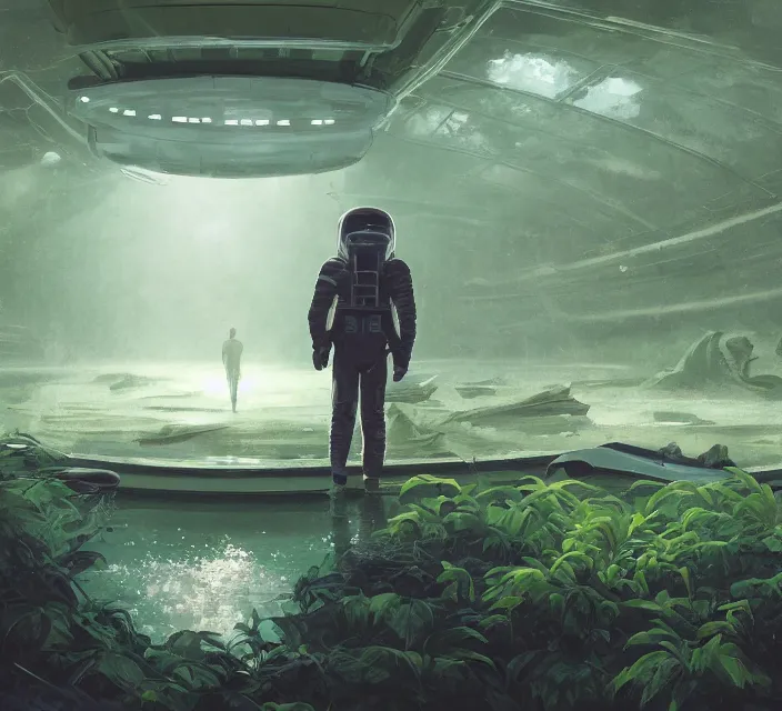 Prompt: Matte Painting of an astronaut in an empty dark flooded ballroom overgrown with aquatic plants, film still from the movie directed by Denis Villeneuve, 2d game art, behance hd, by Jesper Ejsing, by RHADS, Makoto Shinkai and Lois van baarle, ilya kuvshinov, rossdraws global illumination, cyberpunk, highly detailed, trending on artstation, wide lens, dark and foreboding.