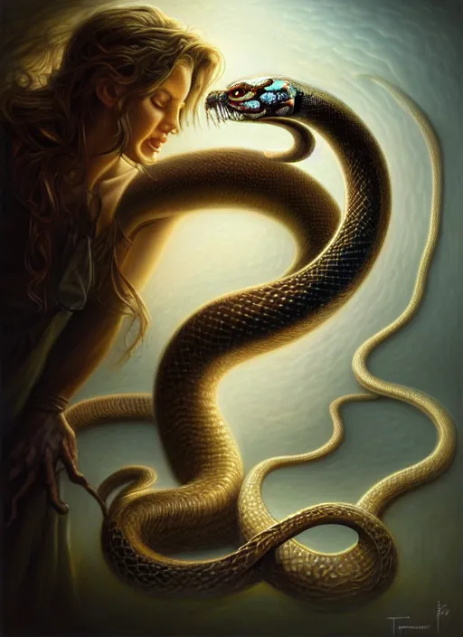 Image similar to snake eating an angel, fine art, intricate, elegant, highly detailed, realistic hair, centered, digital painting, art station, conceptual art, soft, sharp focus, illustration, artwork, artgerm, tomasz alen kopera, peter mohrbacher, donato giancola, wlop, boris vallejo