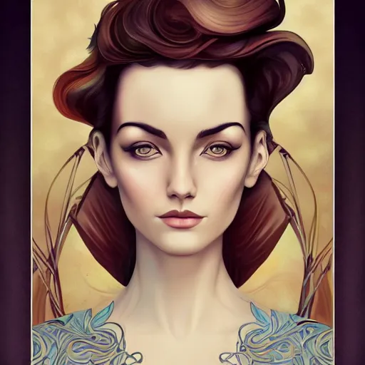 Image similar to an art nouveau, ( streamline moderne ), multi - racial portrait in the style of anna dittmann and charlie bowater and chanthara. very large, clear, expressive, and intelligent eyes. centered, ultrasharp focus, dramatic lighting, photorealistic digital matte painting, intricate symmetrical ultra detailed background.