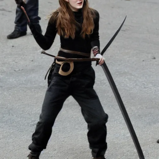 Image similar to emma watson with a sword fighting skinny nerds. photograph.