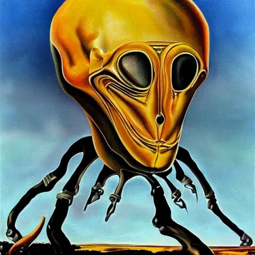 Image similar to painting of an alien spaceship made of flesh and exoskeleton, in the style of salvador dali