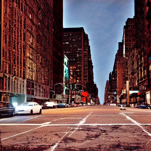 Image similar to color photograph, highly detailed abandoned New York city street at night after the war between humans and AIs, film grain, soft vignette, sigma 85mm f/1.4 1/10 sec shutter, film still promotional image, IMAX 70mm footage