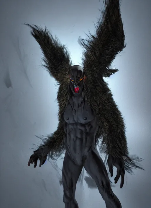 Prompt: sinister male, concept art, horror, body is covered in fur, he has large wings, he flies on a moonlit night, octane render, realistic shaded, perfect face, 8 k, realistic, hyper detailed, artstation, art by michael whelan