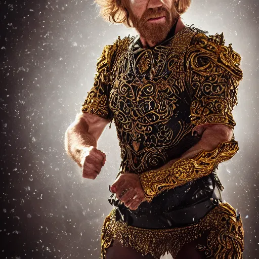 Image similar to 8 5 mm f 1. 8 photograph of chuck norris wearing an ornate costume by iris van herpen, highly detailed, digital painting, artstation, smooth, sharp foccus, commercial photography, fashion shoot