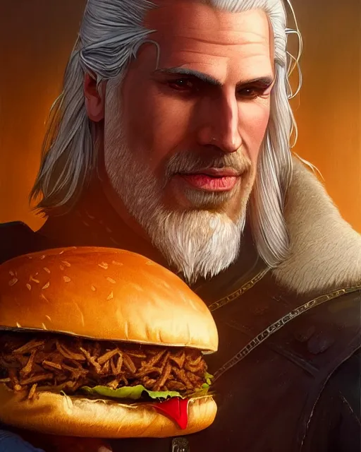 Prompt: portrait of geralt of rivia eating a big hamburger, fantasy, intricate, elegant, highly detailed, digital painting, artstation, concept art, smooth, sharp focus, illustration, by artgerm and greg rutkowski