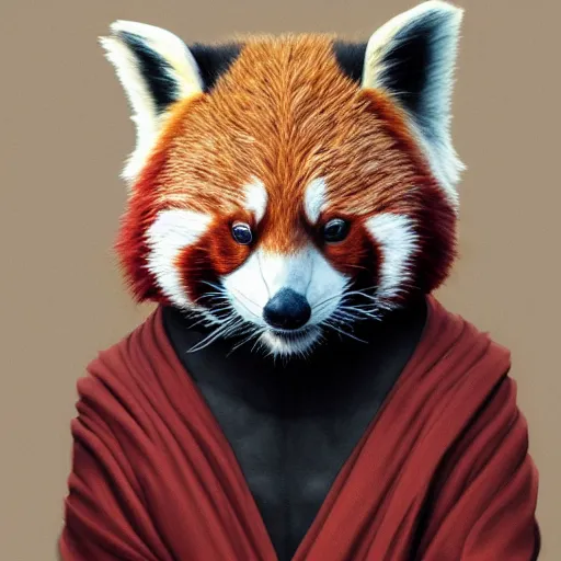 Image similar to highly detailed full body picture of a red panda in buddhist monk’s robes, concept art, digital art, studio lightning, bright colors, intricate, masterpiece, photorealistic, hiperrealistic, sharp focus, high contrast, intricate, Artstation HQ, DeviantArt trending, 4k UHD, Unreal Engine 5