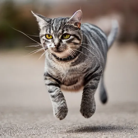 Image similar to close up wide angle photo of a brownish gray tabby cat running towards the camera, motion blur, dramatic