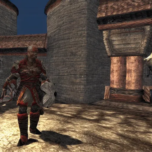 Prompt: attacking screenshot of george st. pierre in morrowind, imperial armor, pc graphics, npc talking, wilderness, 7 2 0 p, elder scrolls iii, detailed, dialog text