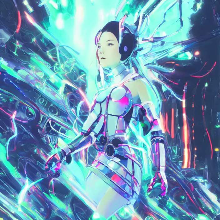 Image similar to a beautiful! bjork model, wearing futuristic cyber leather dress with faint articulated glowing neon colored lights, jrpg aztec street fashion, gapmoe yandere grimdark, trending on pixiv fanbox, painted by greg rutkowski makoto shinkai takashi takeuchi studio ghibli, akihiko yoshida