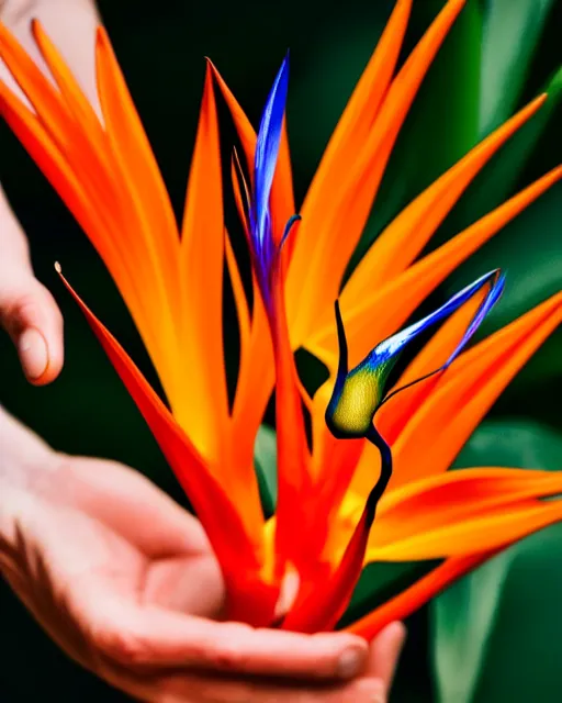 Prompt: hyperrealistic veiny human hands holding Birds of Paradise flowers dali robert steven connett dramatic orange light 8k low angle shallow depth of field