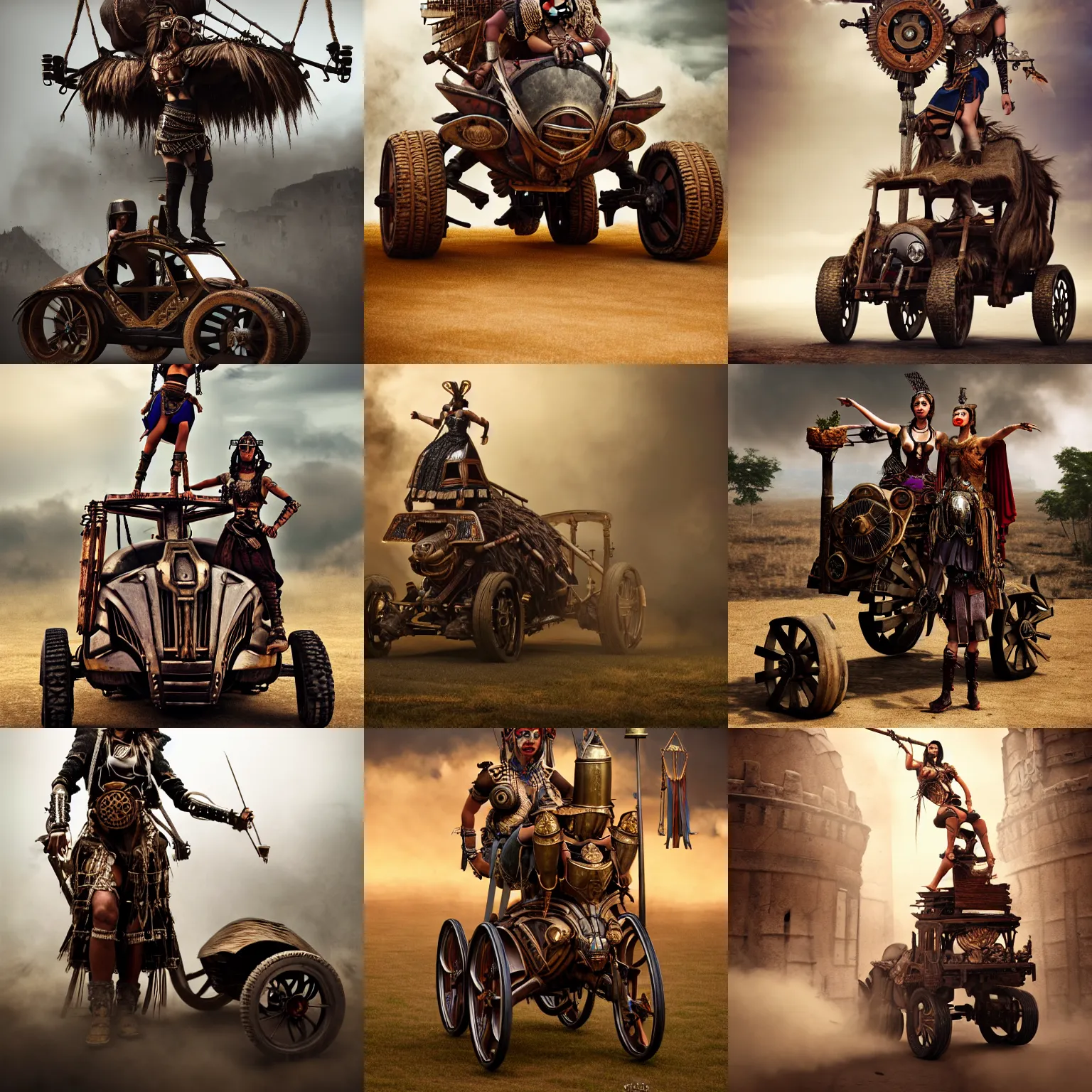 Prompt: vertical movie frame with female warrior standing on steam punk buggy with wood wheels, hyperrealism, armor inspired by incas and doom and fashion, symmetrical face, epic, award winning, establishing shot, fit body, blooded, extremely high detail, photorealistic, brutal, provocative, octane render, editorial, documentary photography