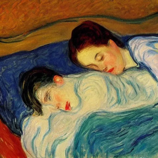 Prompt: lady with brown hair can't sleep because husband in is snoring in bed, expressive oil painting by edvard munch and claude monet