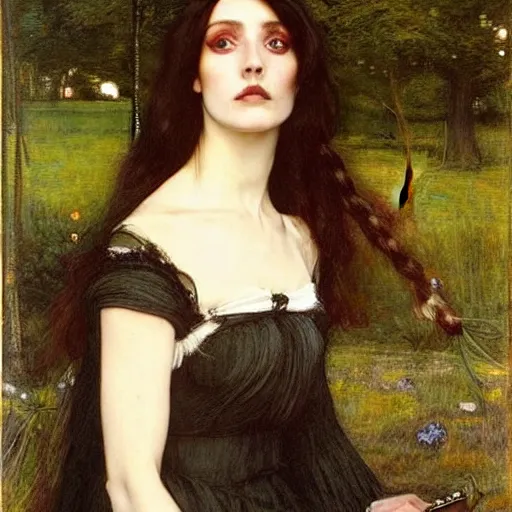 Image similar to A striking Pre-Raphaelite witch with intense eyes and jet black hair, by John Collier, by John William Waterhouse, by John Everett Millais