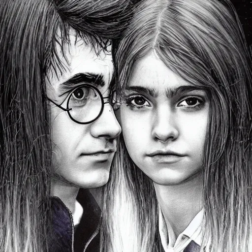 Image similar to Harry Potter and Hermione in Venice, symmetrical face, beautiful eyes, by Luis Royo, instagram photo, 4k, 8k, trending on artstation, artstationHD,