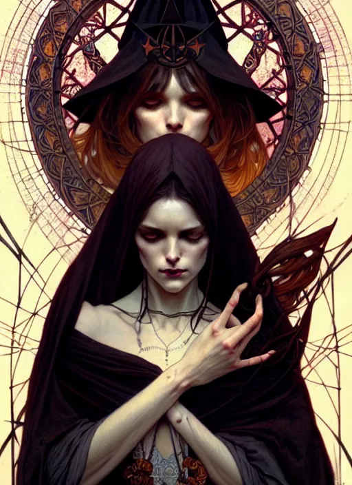 Prompt: a beautiful illustration of a satanic witch, intricate, sharp focus, illustration, highly detailed, digital painting, concept art, matte, art by WLOP and Artgerm and Greg Rutkowski and Alphonse Mucha, masterpiece