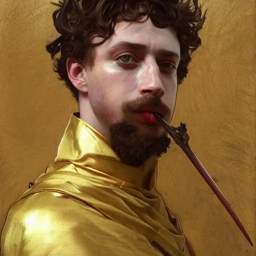 Image similar to Sam Hyde as a Roman warrior wearing gold and red armor, elegant suit, smoking a cigarette, portrait art by alphonse mucha and greg rutkowski, highly detailed, digital painting, concept art, illustration, dim lighting with twilight rays of sunlight, trending on artstation, very detailed, smooth, sharp focus, octane render, close up