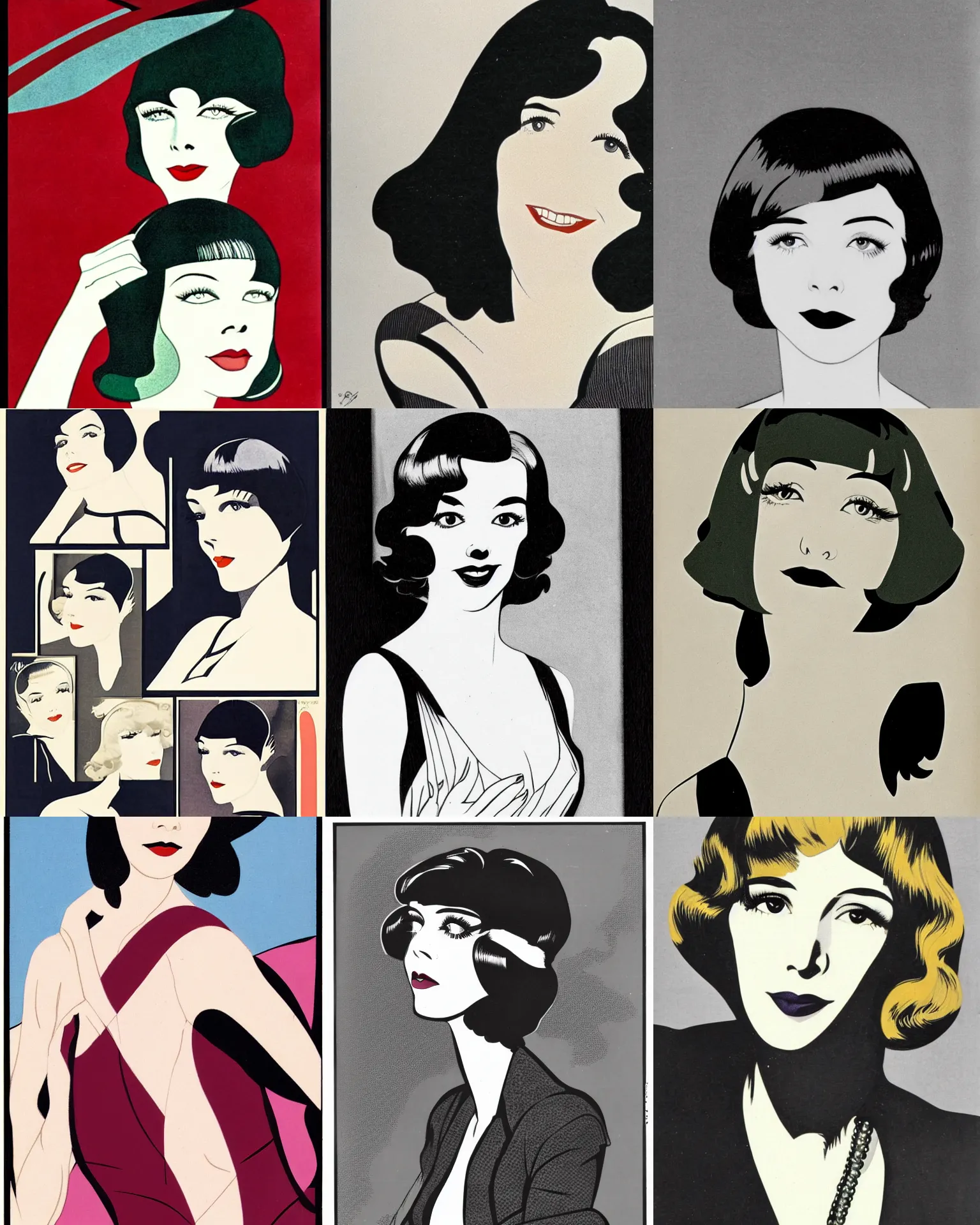 Prompt: Colleen Moore 25 years old, bob haircut, portrait by Patrick Nagel, 1920s