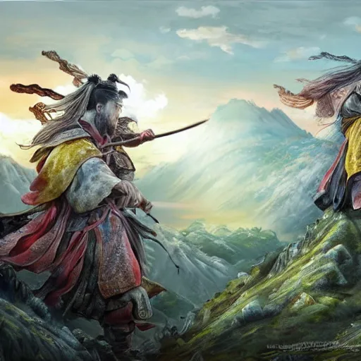 Image similar to dynamic composition, motion, ultra-detailed, incredibly detailed, a lot of details, amazing fine details and brush strokes, colorful and grayish palette, smooth, HD semirealistic anime CG concept art digital painting, watercolor oil painting of meadow and sunrise, from Three Kingdoms, by a Chinese artist at ArtStation, by Huang Guangjian, Fenghua Zhong, Ruan Jia, Xin Jin and Wei Chang. Realistic artwork of a Chinese videogame, gradients, gentle an harmonic grayish colors.