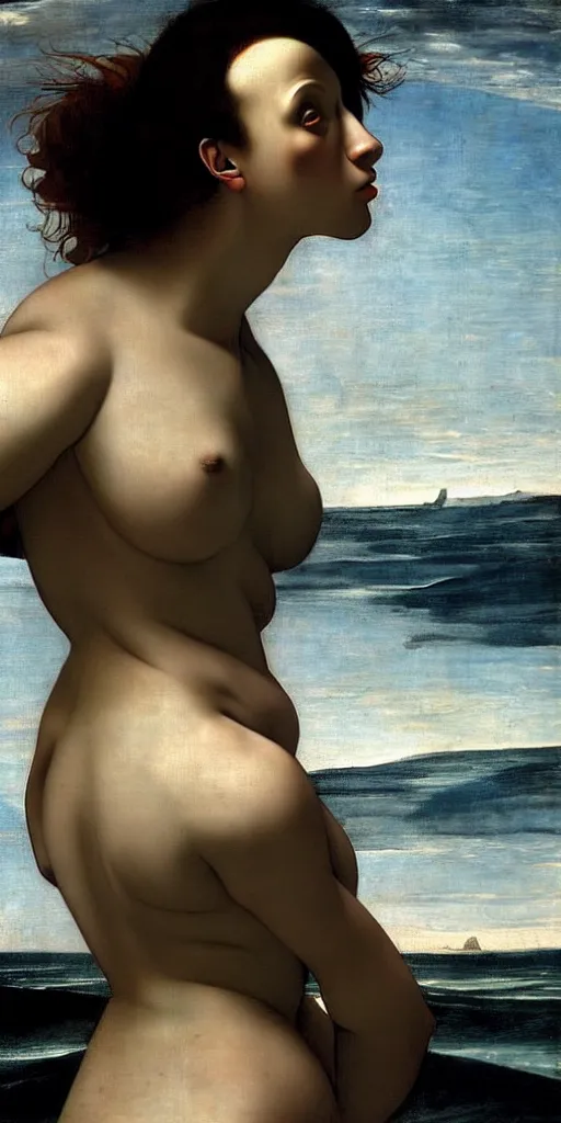 Prompt: concept art of the most beautiful titan woman emerging from the ocean and touching a cloudy sky caravaggio pascale blanche wide angle