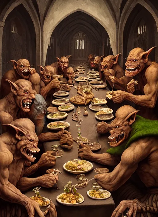 Prompt: profile group face portrait of medieval goblins having a banquet in the cloisters, beautiful face, hyper realistic, highly detailed, digital painting, artstation, illustration, concept art by hyung tae, bosch, giger, frank frazetta, digital paint, matte paint, washed colors, dark, gloomy