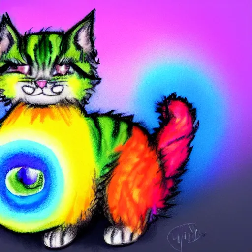 Image similar to wide angle full body, of a fluffy cute rainbow kitten wearing a black motorcycle jacket, concept art