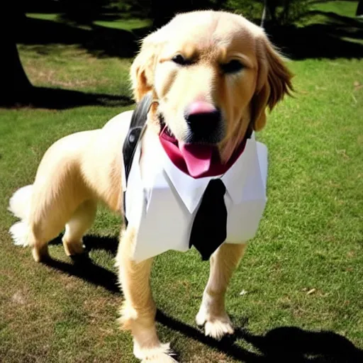 Image similar to a golden retriever wearing a suit