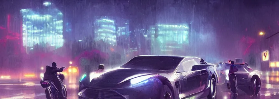 Prompt: a squad riding to party in car, rain, harsh neon lights, highly detailed, digital painting, trending on artstation, concept art, sharp focus, illustration, art by artgerm and greg rutkowski and magali villeneuve