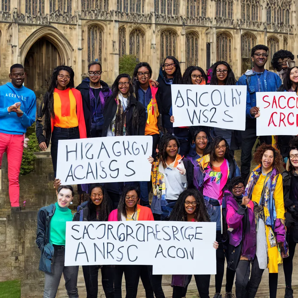 Prompt: a group of racially diverse students wearing bright clothing stand in front of the Cambridge University architecture studio, holding a sign with the words ARCSOC 2022–23