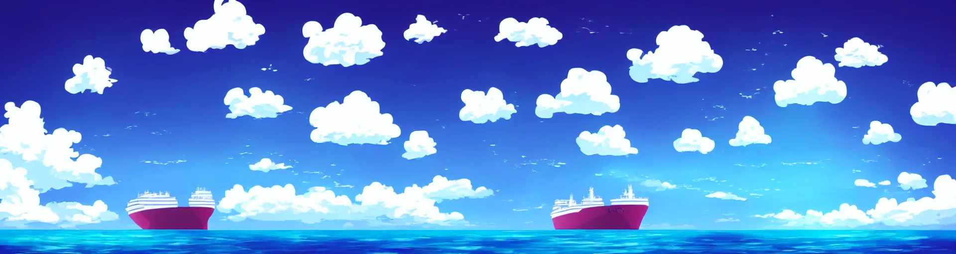 Image similar to in front of clouds, a big ship alone in ocean, clear blue sky background, don't have human, landscape, anime style