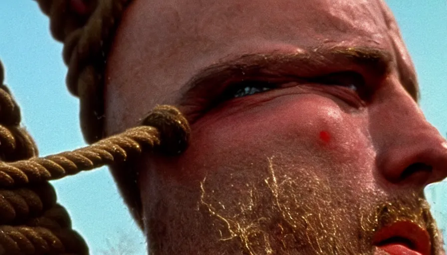 Image similar to 1 9 6 0 s movie still close - up of marcus atilius regulus tied with ropes at a pole with his wide open bleeding eyes looking at the burning sun, cinestill 8 0 0 t 3 5 mm eastmancolor, high quality, heavy grain, high detail, texture, dramatic light, anamorphic, hyperrealistic, detailed hair