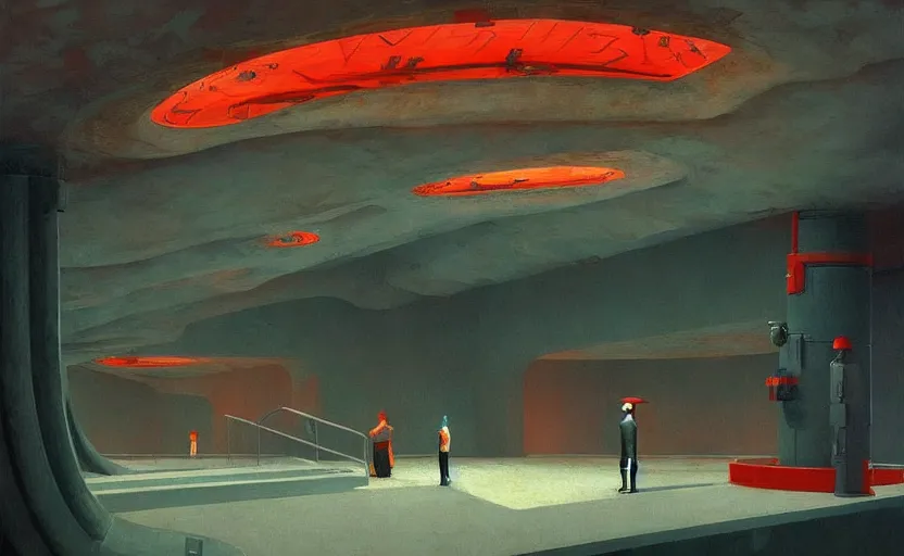 Prompt: Inside an underground submarine port, very coherent, painted by Edward Hopper, Wayne Barlowe, painted by James Gilleard, airbrush, art by JamesJean