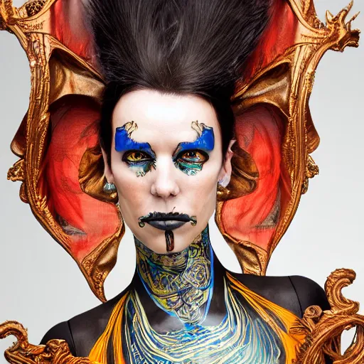 Image similar to an award finning closeup facial portrait by luis rogyo and john howe of a bohemian female cyberpunk traveller clothed in excessively fashionable 8 0 s haute couture fashion and wearing ornate art nouveau body paint