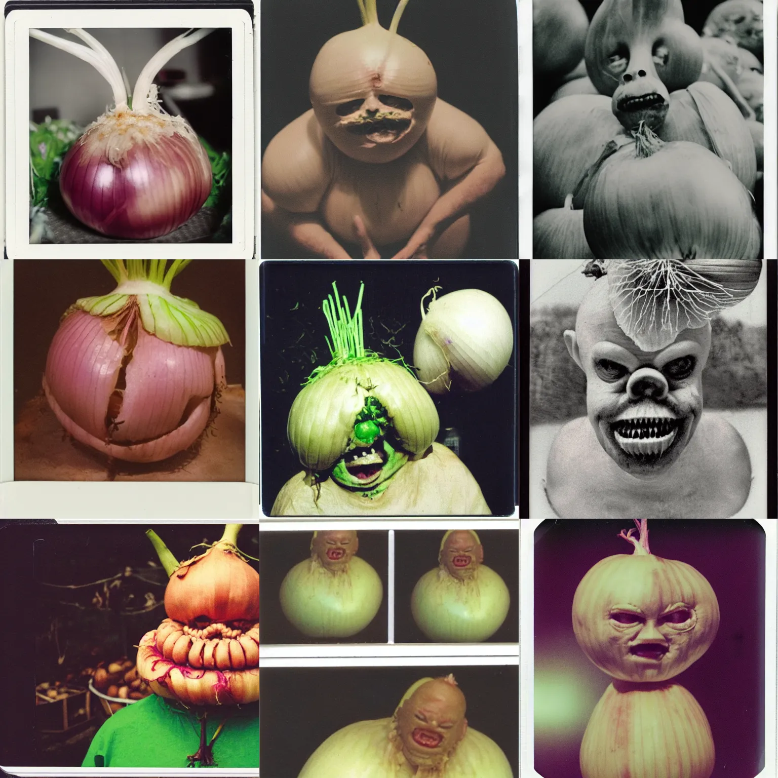 Prompt: polaroid photo of onion king, human onion hybrid, pulsating mash of onions and writhing flesh, horror scene