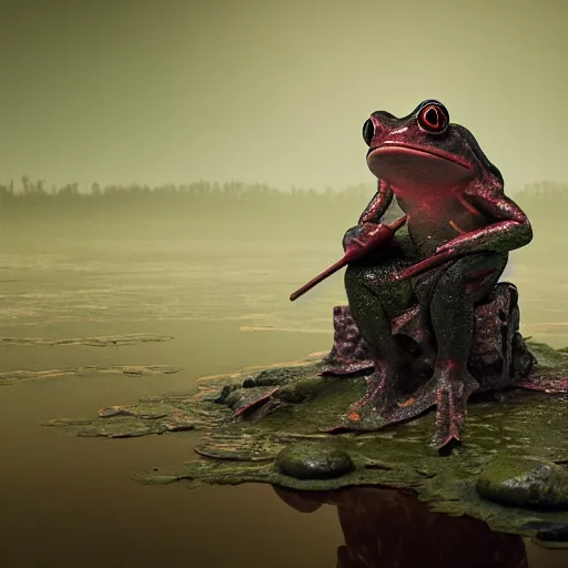 Prompt: a frog wizard sitting on a throne on an apocalyptic plagued swamp, trending artstation, octane render, 8k, cinematic lightning, matte painting,