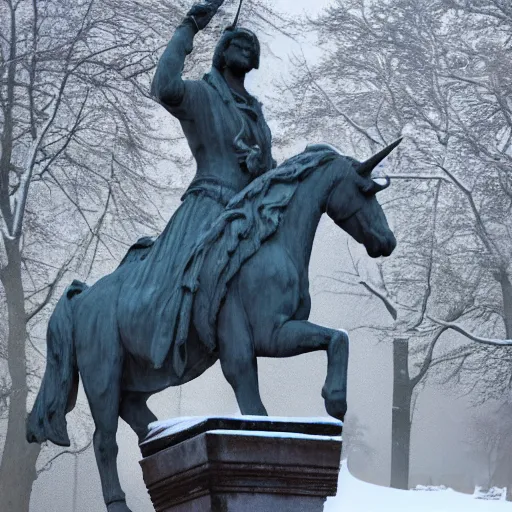 Image similar to of a statue of god riding a unicorn while wearing a jacket on a snowy day