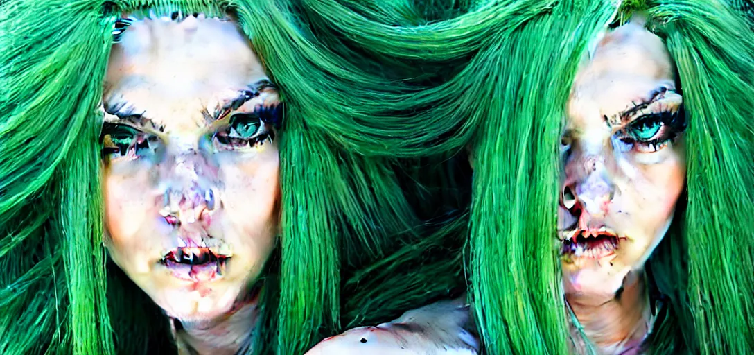 Prompt: extreme close up portrait photo of a gorgeous female mermaid with long green hair wearing metal armor in the style of stefan kostic, realistic, half body shot, sharp focus, 8 k high definition, insanely detailed, intricate, elegant, art by stanley lau and artgerm, extreme blur coral reef background