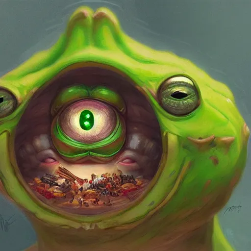 Image similar to Portrait of Little Pepe the frog playing with a big human face banana, intricate, wild, highly detailed, digital painting, artstation, concept art, smooth, sharp focus, illustration, art by artgerm and greg rutkowski and alphonse mucha